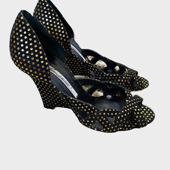 Brian Atwood Peep Toe Stiletto Wedge In Black With Gold Dots Size 35 - Picture 3 of 8
